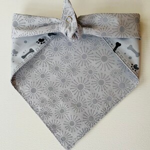Reversible Grey dog bones and pawprints Dog bandana, Gray Dog Bandana, Bones and Paw Prints Bandana, Grey Dog Neckerchief, Grey flowers Dana image 2