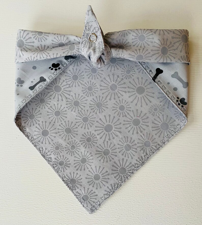 Reversible Grey dog bones and pawprints Dog bandana, Gray Dog Bandana, Bones and Paw Prints Bandana, Grey Dog Neckerchief, Grey flowers Dana image 2