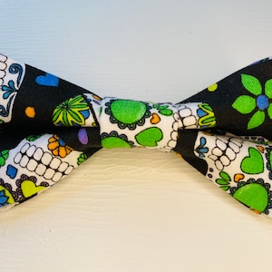 Halloween Dog and Cat Bow Tie. Black, Green multicoloured skull bow tie. Slip on collar bow tie.  Day of the Dead Pet Bow Tie.
