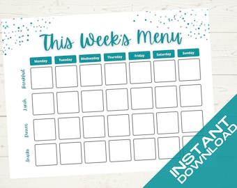Weekly Meal Menu Planner *INSTANT Digital Download* (Includes: Breakfast, Lunch, Dinner and Snacks) - PDF Format