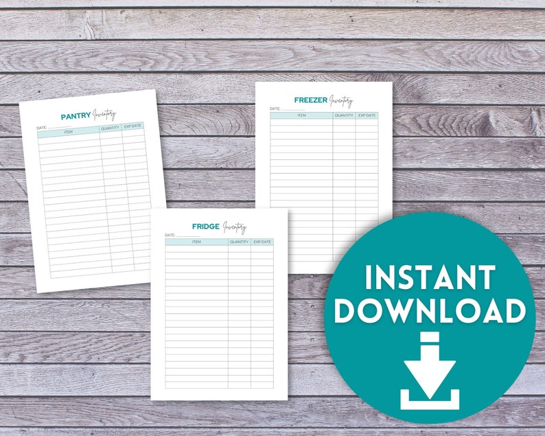 May include: Printable pantry, fridge, and freezer inventory lists. Each list has columns for date, item, quantity, and expiry date. The lists are on white paper with a light blue header.