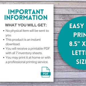 May include: A printable PDF document with instructions for creating inventory sheets. The document is 8.5 inches by 11 inches, letter size, and is easy to print.
