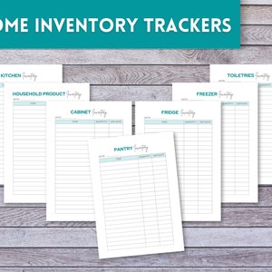 May include: Printable home inventory trackers for kitchen, household products, cabinet, fridge, pantry, freezer, and toiletries. Each tracker includes columns for date, item, quantity, and expiry date.