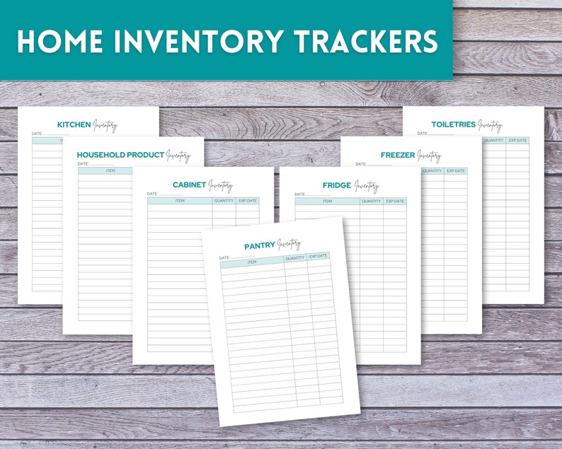 May include: Printable home inventory trackers for kitchen, household products, cabinet, fridge, pantry, freezer, and toiletries. Each tracker includes columns for date, item, quantity, and expiry date.