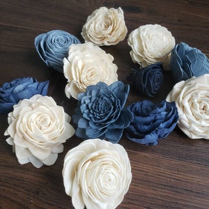 Steel blue and navy blue sola wood flower assortment, diy flowers