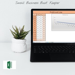 May include: A laptop computer displaying a spreadsheet with the title "Small Business Book Keeper" and a graph titled "Profit and Loss". The spreadsheet shows monthly net sales, spend, and profit/loss. The graph shows a line chart with a downward trend.