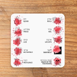 Passover 10 Plagues Coasters – Set of 8 Seder coasters – Ten Makot Pesach Coasters – funny Passover decor, Seder humor, modern Jewish design