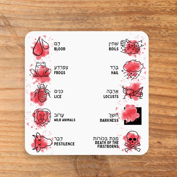 Passover 10 Plagues Coasters – Set of 8 Seder coasters – Ten Makot Pesach Coasters – funny Passover decor, Seder humor, modern Jewish design