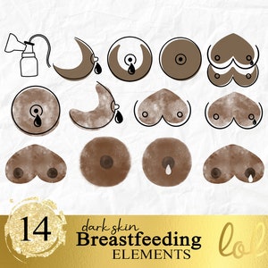 Dark Skin Breastfeeding Icons - Brown and Black Skin Breastfeeding Elements - Breastfeeding Icons - Digital, PNG - Line Art, Watercolor