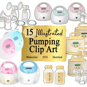 Pumping and Breast Pump Illustrated Graphics - Pumping/Breastfeeding Clip Art, Icons, Logos - Watercolor, Sketched - SVG & PNG - Blogging