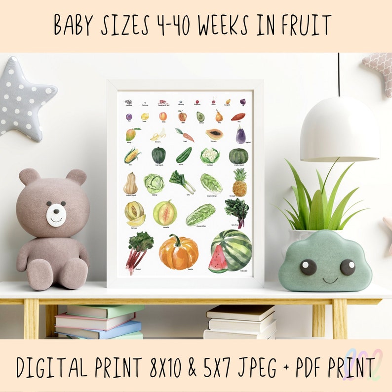 Baby Growth Chart Print Baby Sizes in Fruit Print Fetal - Etsy