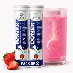 May include: Two white cylindrical tubes of Altron Organic Bonex effervescent tablets labeled with strawberry flavor, calcium, vitamin D3, and vitamin B12. Next to the tubes is a glass of pink liquid with a dissolving tablet and two fresh strawberries.