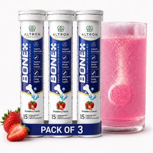 May include: Three white cylindrical tubes of Altron Organic Bonex effervescent tablets labeled as a pack of 3, featuring strawberry flavor, calcium, vitamin D3, and B12. A glass filled with a pink effervescent liquid and fresh strawberries are included.