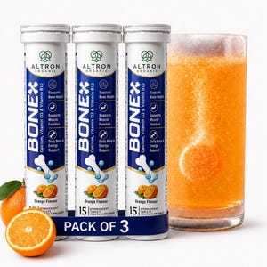 May include: Three cylindrical tubes of Altron Organic Bonex effervescent tablets with orange flavor, each containing 15 tablets. Next to the tubes is a glass filled with an orange liquid and a dissolving tablet, plus two fresh orange halves.