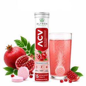 May include: A cylindrical tube of Altron Organic ACV effervescent tablets with pomegranate flavor. The label features red accents, text, and icons. Beside it, a glass of pink liquid with a dissolving tablet, whole and halved pomegranates.