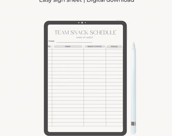 Hoja de inscripción para refrigerios del equipo deportivo / Horario de refrigerios para partidos y entrenamientos