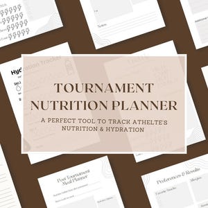 Puede incluir: Un planificador de nutrición para torneos con secciones para el seguimiento de comidas, hidratación y preferencias. Incluye secciones para comidas previas al torneo, opciones de hidratación y planificación de comidas posteriores al torneo. Diseño de paleta de colores neutros.
