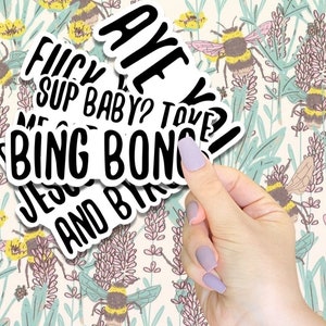 May include: A collection of stickers with various phrases, including "Aye", "Sup Baby?", "Bing Bong", "Jesus and Birds", and "Love?" The stickers are white with black text and are arranged in a hand.
