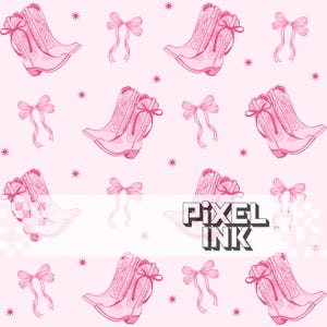 May include: Pink pattern featuring cowboy boots, bows, and stars. The boots have decorative stitching and bows at the top. The background is a soft pink. The text "PIXEL INK" is at the bottom.