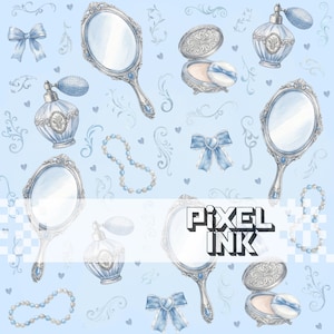 May include: Watercolor illustration of vintage vanity items on a light blue background. The image features hand mirrors, perfume bottles, powder compacts, bows, and pearl necklaces. The text "Pixel Ink" is also present.
