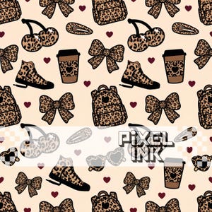 May include: A repeating pattern featuring various accessories and objects with a leopard print design. The pattern includes cherries, bows, backpacks, high-top sneakers, coffee cups, hair clips, and heart-shaped sunglasses, all on a light beige background.