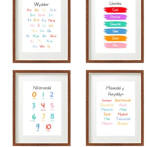 Welsh Language Posters | 6 Educational posters | Alphabet, Numbers, Days, Months, Colours, Shapes | Classroom decor | Montessori Poster