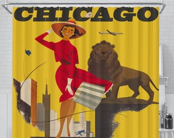 Mid Century Art Shower Curtain - Mid Century Chicago Travel Poster, retro home decor