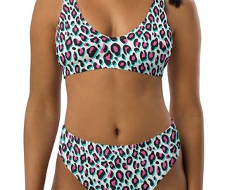 Recycled high-waisted bikini Leopard Print, retro bikini, rockabilly swimwear, 1950s bikini, y2k bikini, plus size bikini