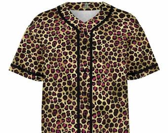 Magenta Leopard Print Baseball Jersey - Unisex, 100% Polyester, Moisture-Wicking Fabric, Rockabilly, Club, Retro