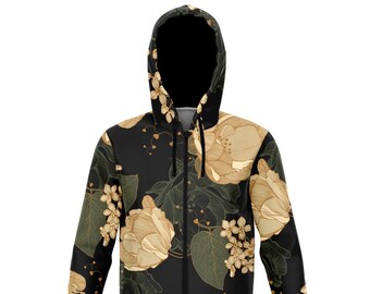 Art Nouveau Floral Hoodie, Art Deco Print Zip Hoodie, Harajuku Style, Smoky Floral Design, Comfortable, High Definition Print