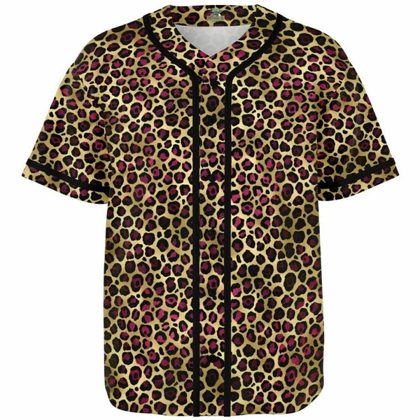 Magenta Leopard Print Baseball Jersey - Unisex, 100% Polyester, Moisture-Wicking Fabric, Rockabilly, Club, Retro