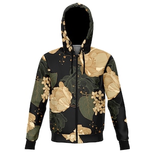 Art Nouveau Floral Hoodie, Art Deco Print Zip Hoodie, Harajuku Style, Smoky Floral Design, Comfortable, High Definition Print