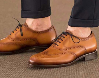 Hand-made Premium Luxury Shoes, Full Brogue in Toffee Coloured Leather, Handmade Goodyear Welted Shoes