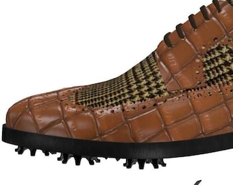 Handmade Luxury Golf shoes, Golf Gift for dad, Plus Size Shoes, Tweed and Croco Print Leather with Soft Spikes, Plus Size Golf Shoes