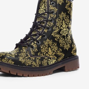 Golden Skull Damask Combat Boots, Y2K Boots, Lace Up Vegan Leather Ankle Boots