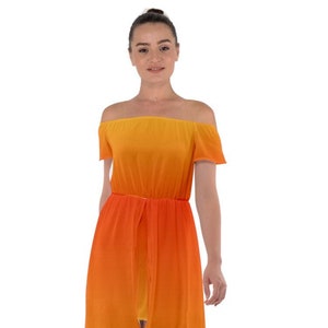 Off Shoulder Ombre Boho Maxi Chiffon Dress in Tangerine Sunset, Semi Sheer, Cinched Waist, Ombre dress