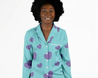 Women's Satin Pajamas in Purple Love Hearts