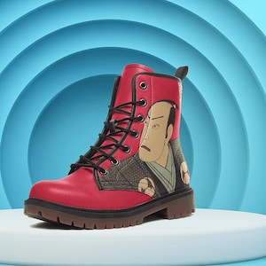 Vegan Leather Y2k Ukiyo-e Combat Boots for Men and Women, 90s ankle lace up boots, Red Boots with Japanese Art