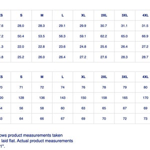 May include: Size guide with measurements in inches and centimeters for clothing. Includes length, bust, shoulder, and sleeve measurements for sizes XS to 5XL. The guide states measurements are taken with the product laid flat.