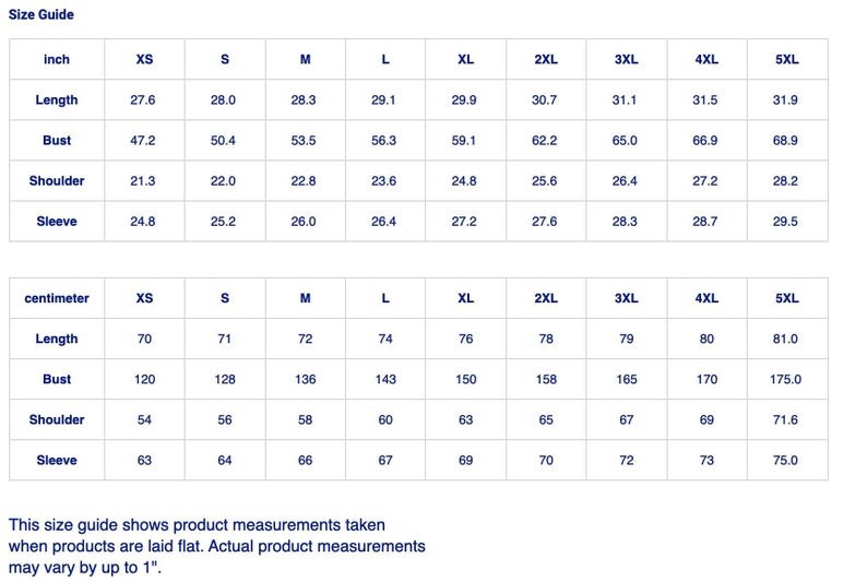May include: Size guide with measurements in inches and centimeters for clothing. Includes length, bust, shoulder, and sleeve measurements for sizes XS to 5XL. The guide states measurements are taken with the product laid flat.