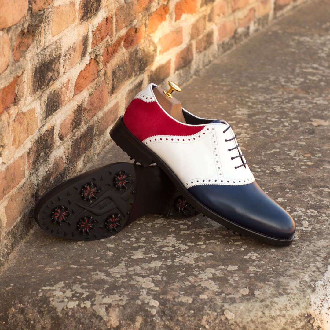 Custom Handmade Golf Shoes, Navy & Red, Soft Spikes, Golf Shoes, Gift
