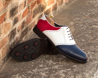 Handmade Golf Shoes in Red, White and Blue, available in plus sizes, a perfect Gift for a golfer, a golf gift for dad