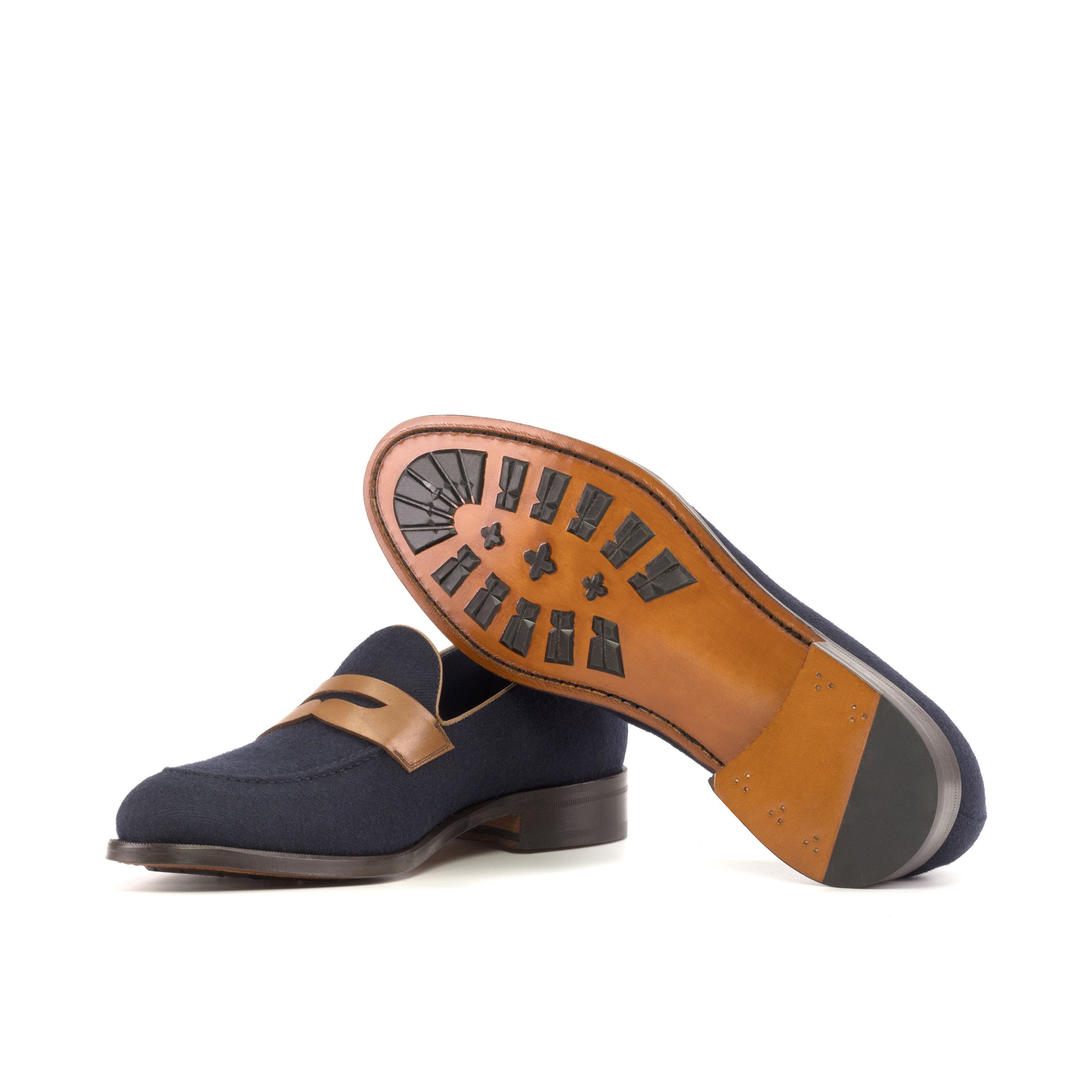 【MODERNIF】Handmade Shoes Naval Loafers Luxury Loafers Handmade in Navy Flannel and Medium Brown