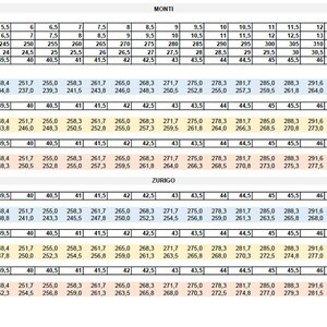May include: Shoe size chart with measurements in millimeters (mm) for various shoe models, including Monti and Zurigo. Displays UK, US, KR, JP, and EU sizes.