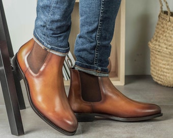 Handmade Brown Leather Chelsea Boots with Goodyear welt, perfect for a wedding, available in Plus Sizes.