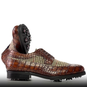 Handmade Luxury Golf shoes, Golf Gift for dad, Plus Size Shoes, Tweed and Croco Print Leather with Soft Spikes, Plus Size Golf Shoes