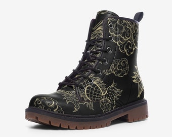 Vegan Leather Y2K Combat Boots with Golden Dragon print, Lace Up Boots, Black Ankle Boots for Men or Women,