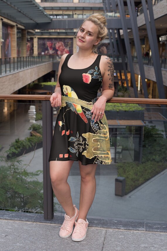 japanese skater dress Velvet Skater Dress With Japanese Art Print, Plus Sizes Available
