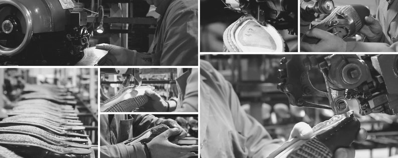 Peut inclure: Un collage en noir et blanc montrant le processus de fabrication de chaussures. Il comprend des gros plans de machines cousant les semelles, des ouvriers manipulant des mat&eacute;riaux et un tapis roulant de semelles de chaussures. L'accent est mis sur le savoir-faire de la cordonnerie.