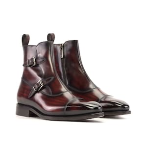 Up to Size Us 17! Burgundy Leather Goodyear Welted Boots, Octavian Buckle Boots